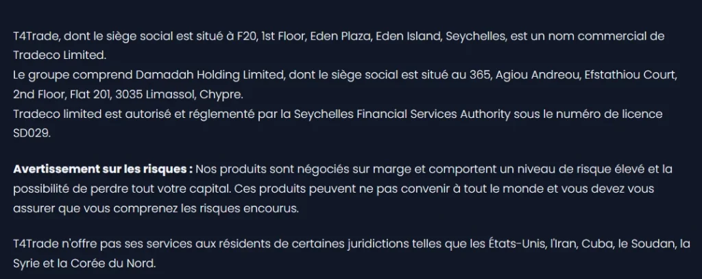 T4Trade a des mentions légales très douteuses