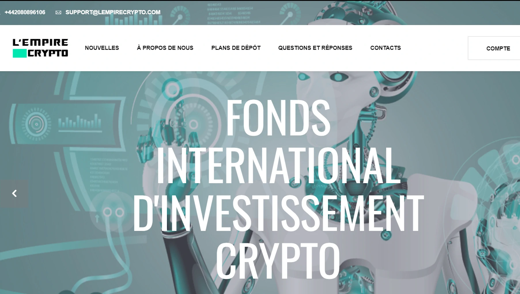 Page d'accueil de l'arnaque L'Empire Crypto