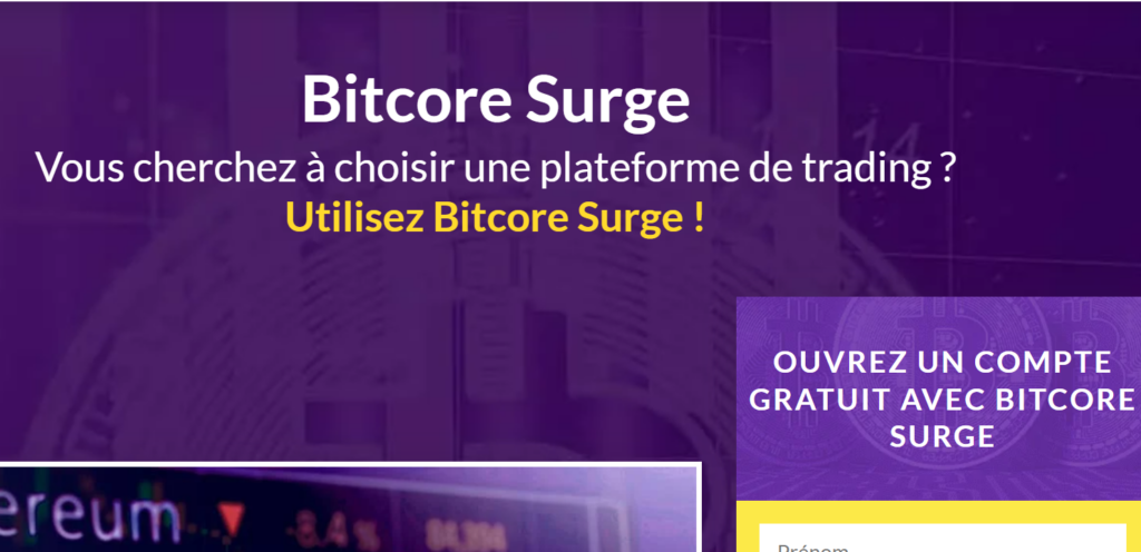 Bitcore Surge, aspect de la page d'accueil du site internet