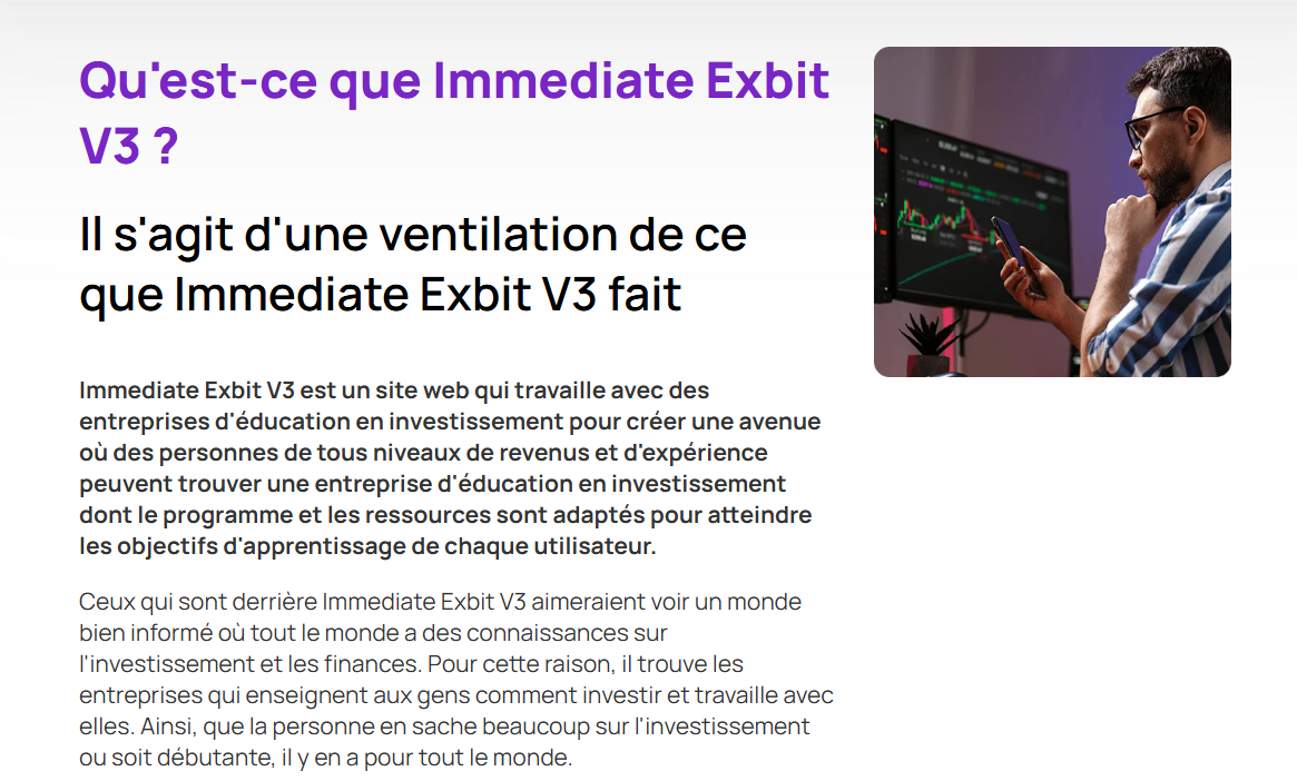 Interface du site Immediate Exbit avec des promesses d'investissement, analyse complète et avis