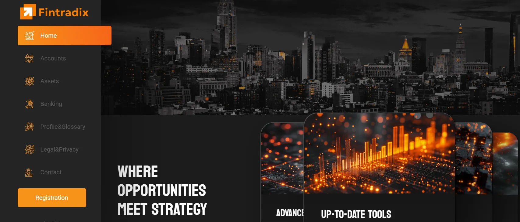 Page d'accueil de la plateforme Fintradix avec promesses de gains