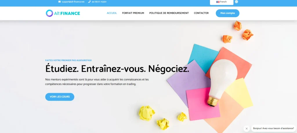Page d’accueil du site ALT Finance présentant une offre de formation au trading