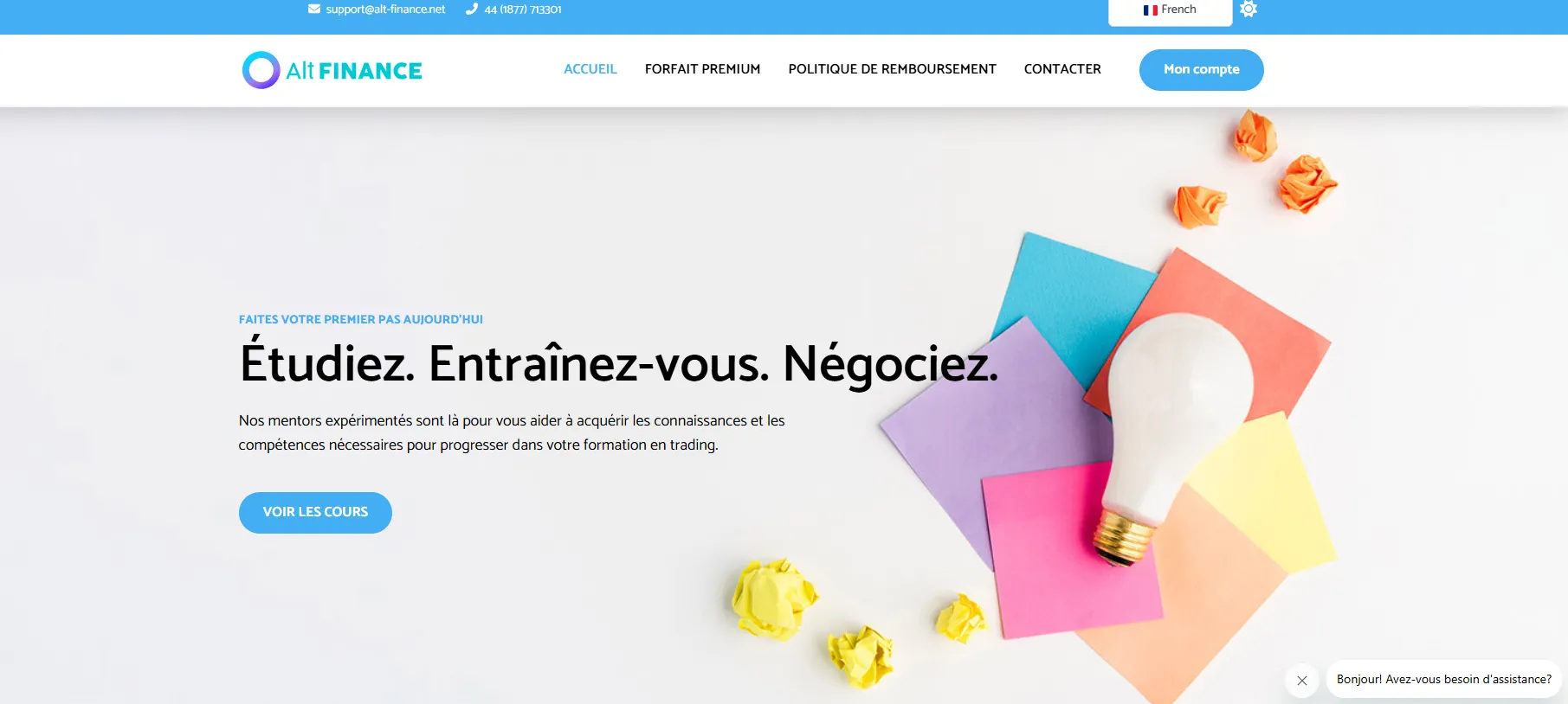 Page d’accueil du site ALT Finance présentant une offre de formation au trading
