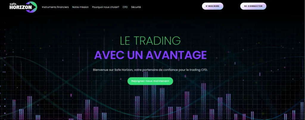 Interface de la plateforme Safe Horizon présentant les outils de trading