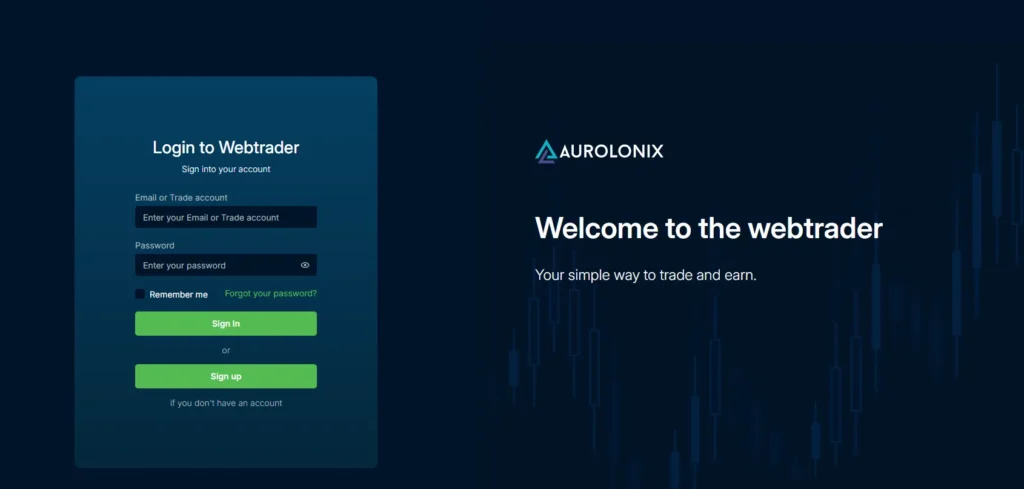 Page de connexion AUROLONIX WebTrader avec formulaire email et mot de passe