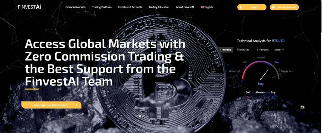 Page d'accueil de FinvestAI.org avec promesse de trading sans commission