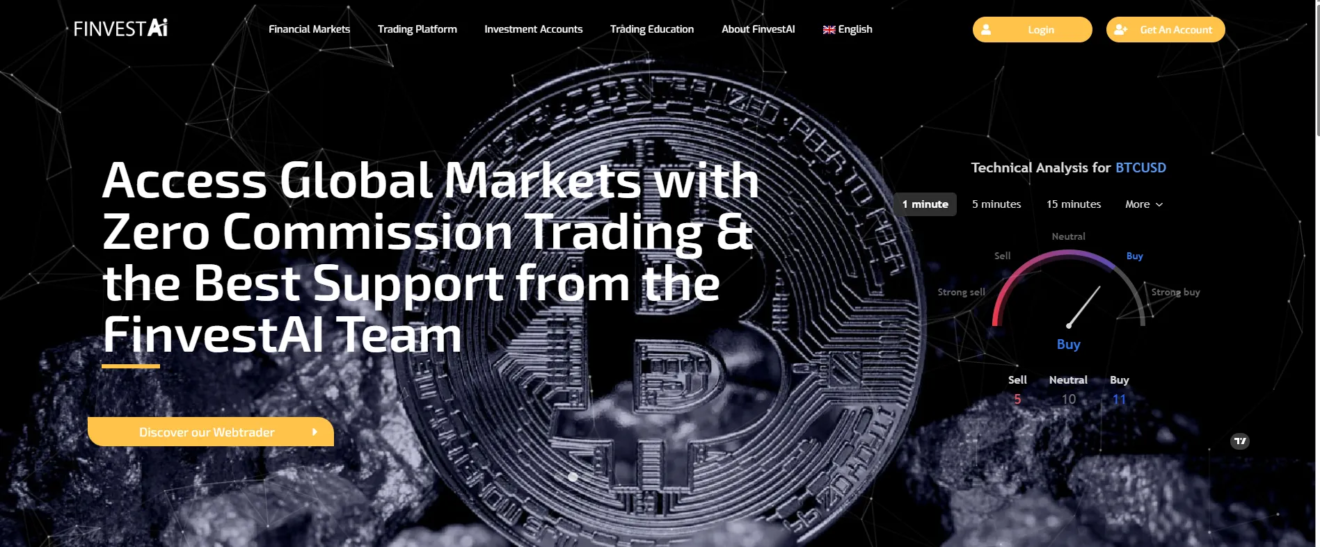 Page d'accueil de FinvestAI.org avec promesse de trading sans commission