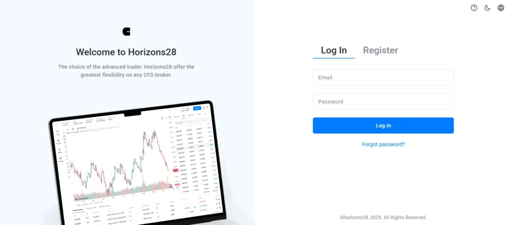 Horizons28 avis page d'accueil avec graphique de trading CFD