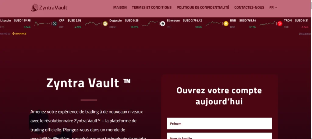 Interface de la plateforme Zyntra Vault™ avec formulaire d'inscription