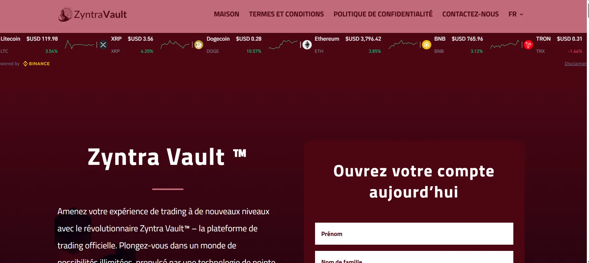 Interface de la plateforme Zyntra Vault™ avec formulaire d'inscription