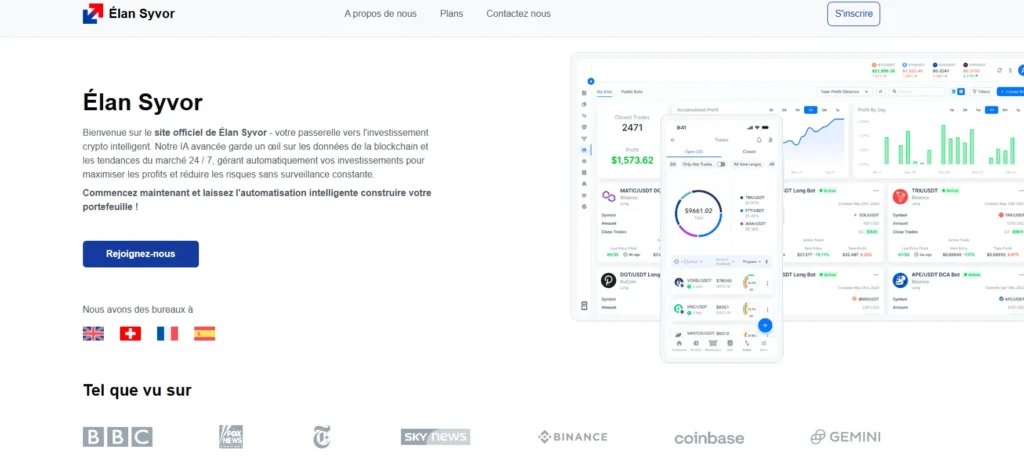age d’accueil du site Élan Syvor affichant des promesses de gains via une IA crypto"