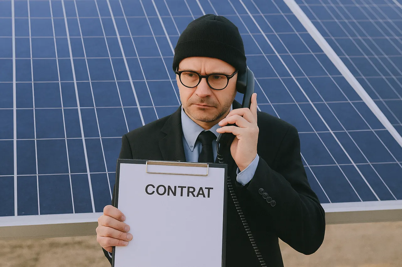 Homme en costume avec bonnet et lunettes tenant un téléphone et un contrat devant des panneaux solaires, symbolisant une escroquerie liée à l’énergie solaire