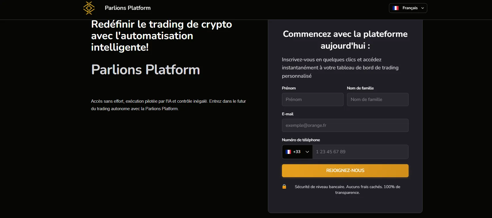 Interface du site Parlons Platform