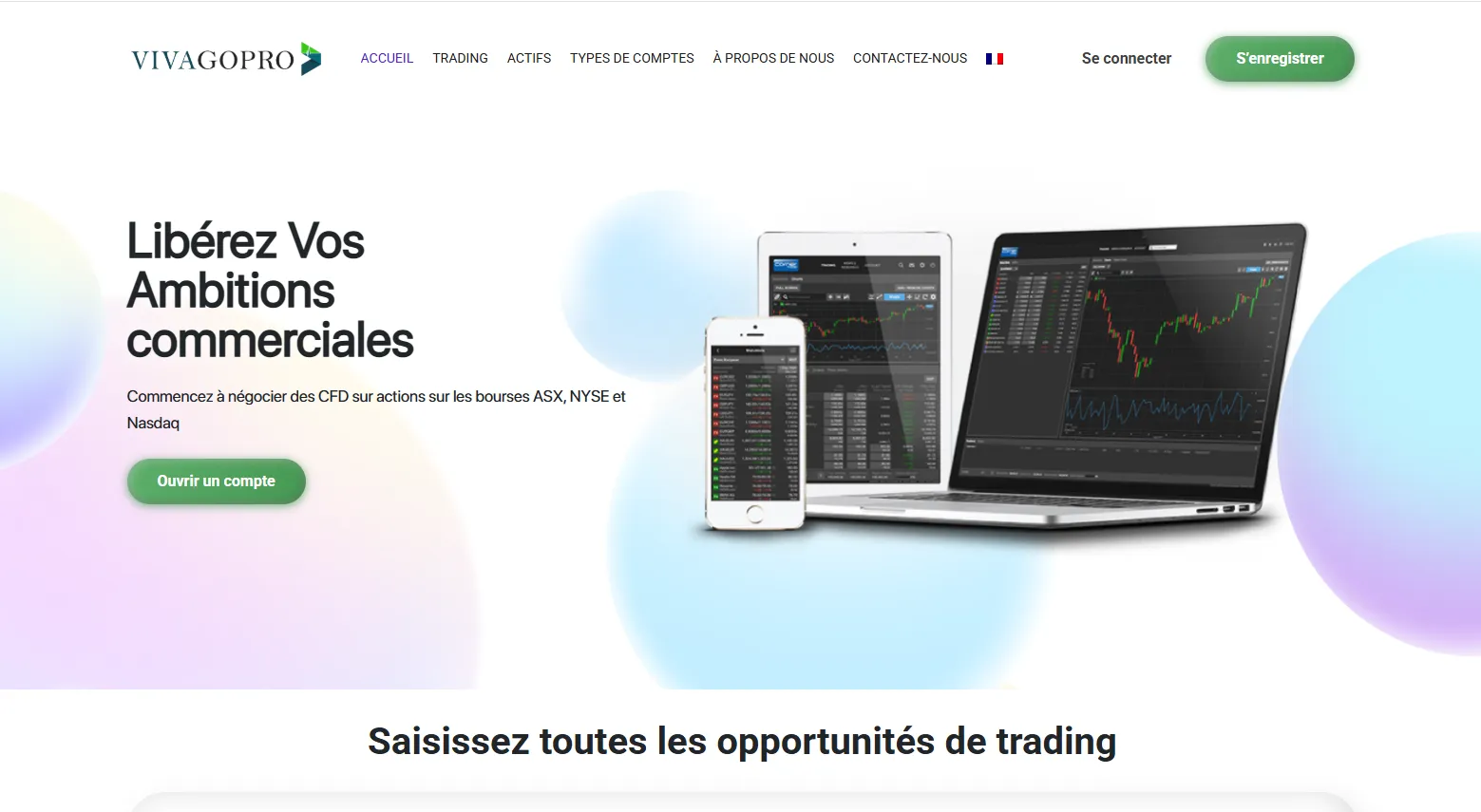 Interface Vivagopro.com - plateforme de trading en ligne non vérifiée