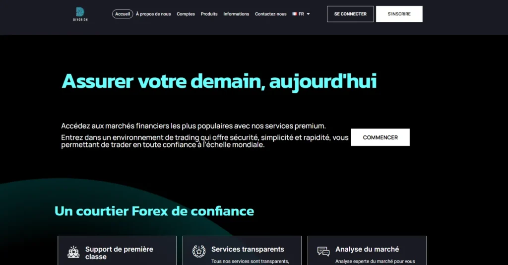 Page d’accueil de Divorion – aperçu de l’interface du courtier