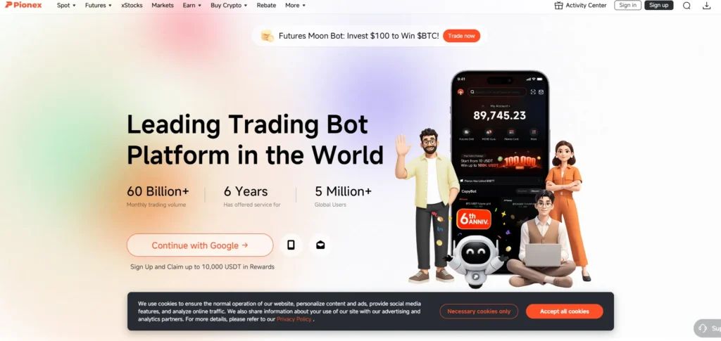 Page d’accueil de la plateforme Pionex