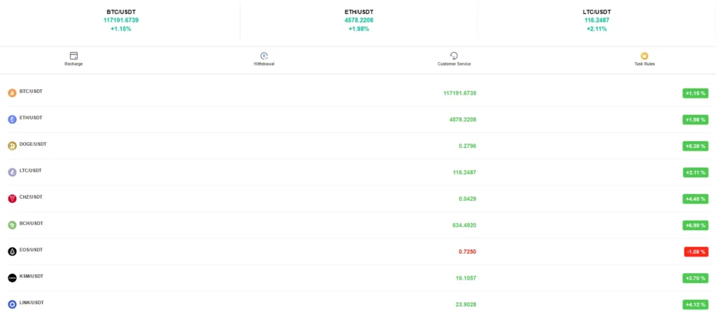 Interface de Vibary.top affichant les cours des cryptomonnaies