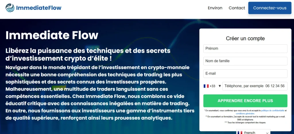 Interface Immediate Flow avec formulaire d’inscripti