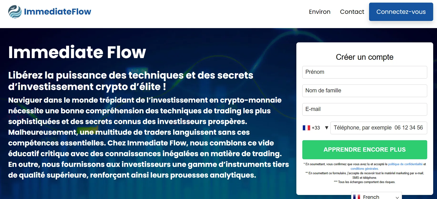 Interface Immediate Flow avec formulaire d’inscripti