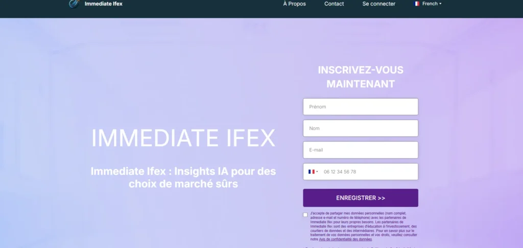 Interface du site Immediate IFEX avec formulaire d'inscription trompeur