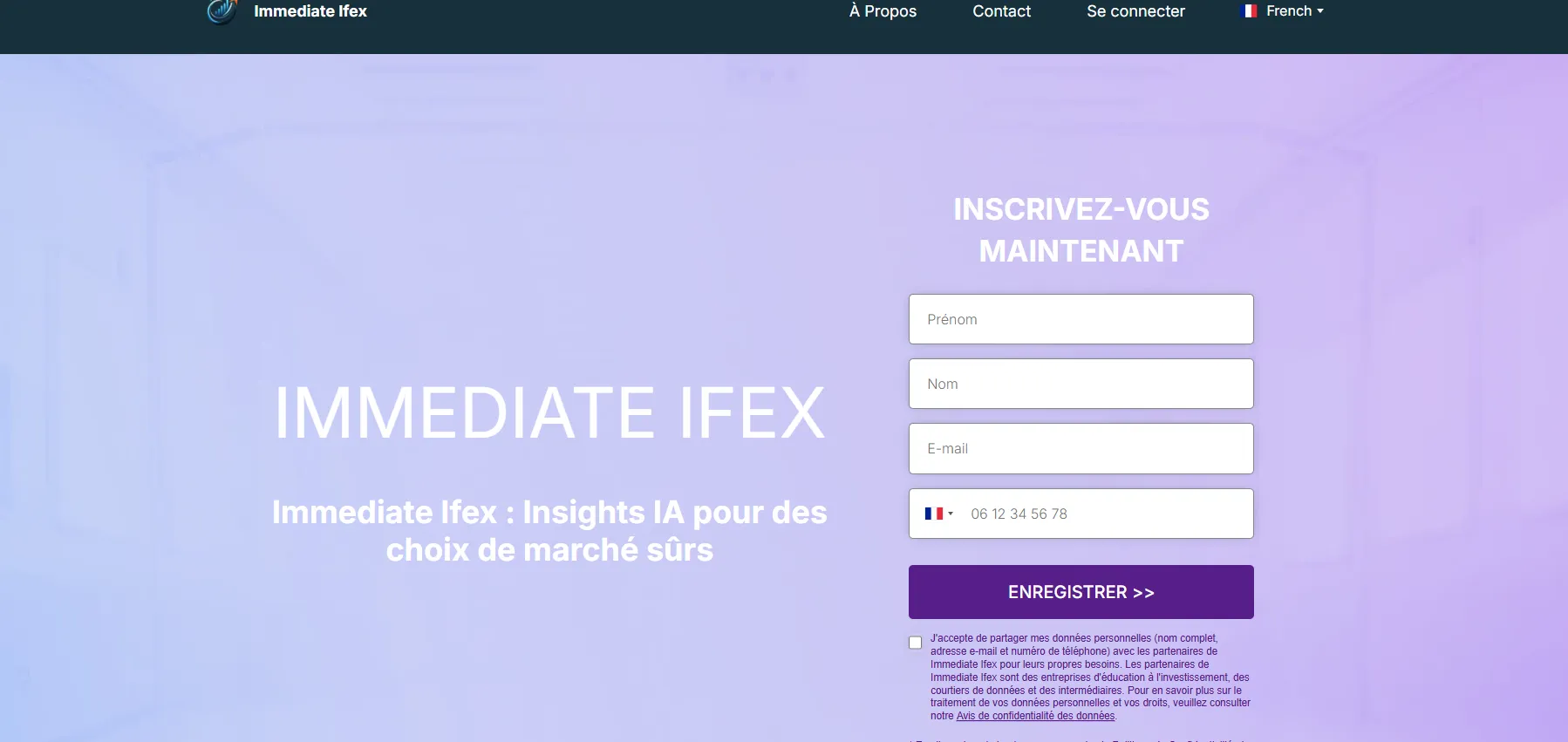 Interface du site Immediate IFEX avec formulaire d'inscription trompeur