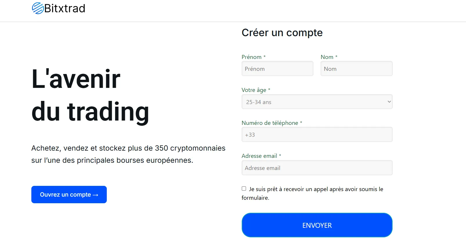 Page d'accueil du site Bitxtrad