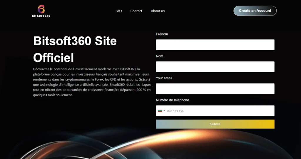 Interface du site Bitsoft360 avis – page d’inscription et promesses de trading IA