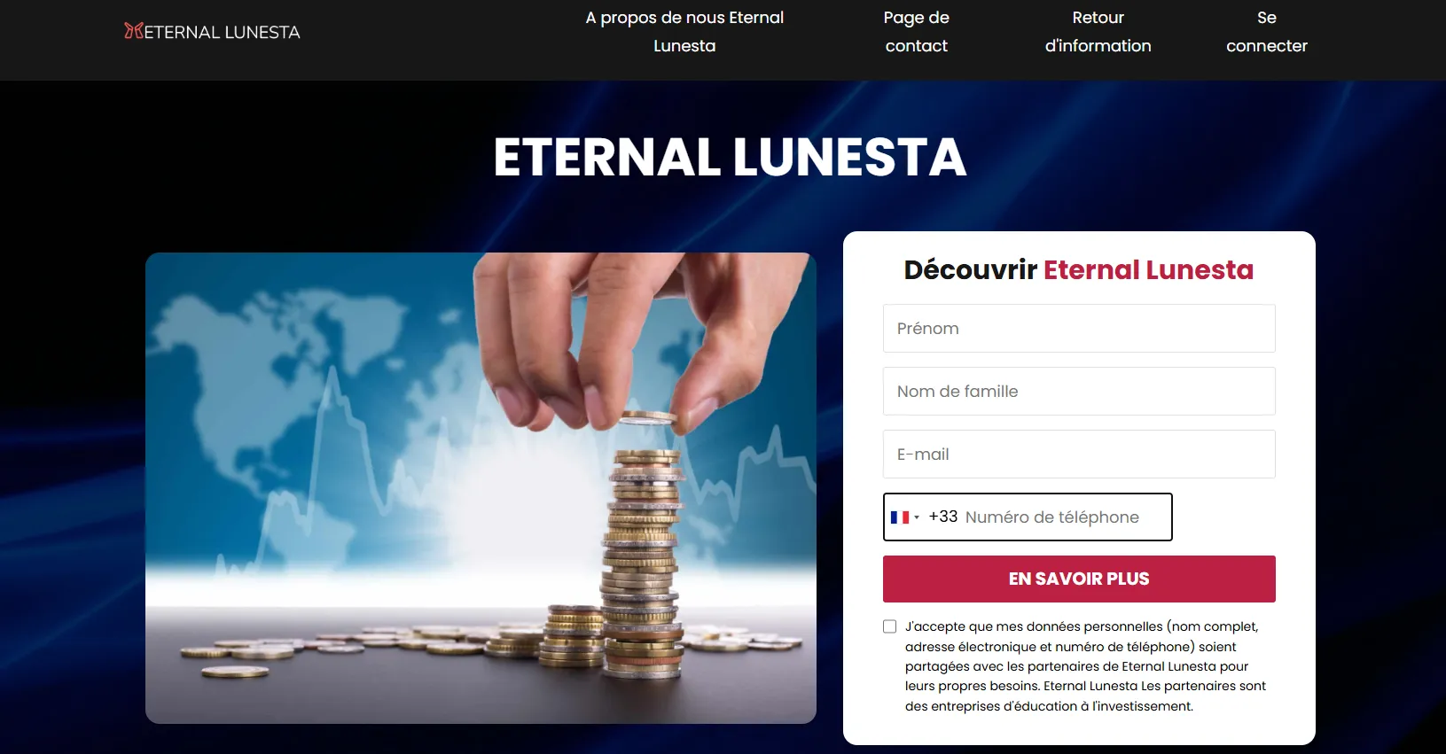 Page d'accueil du site Eternal Lunesta présentant ses offres de formation financière