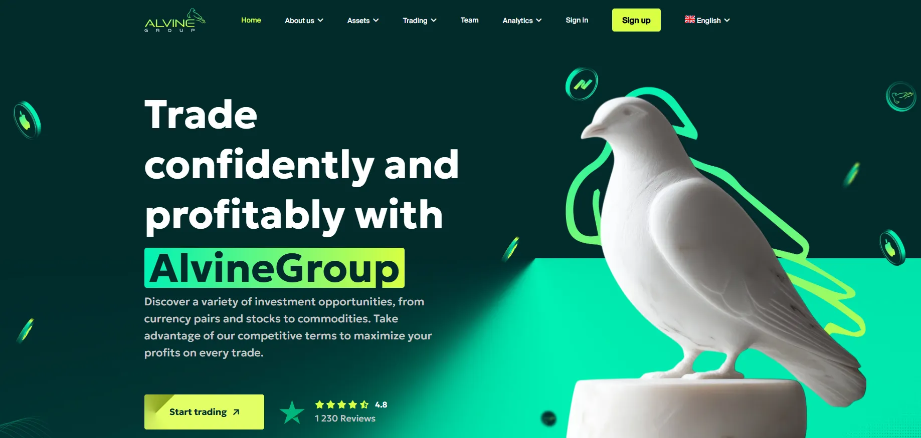 Page d’accueil du site AlvineGroup avec slogan Négociez en toute confiance