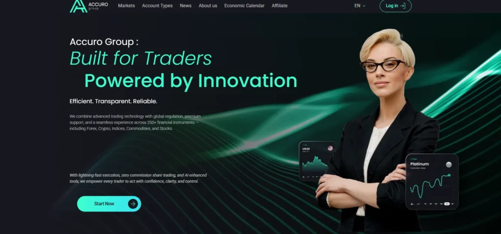 Page d’accueil du site Accuro Group montrant le slogan et l’interface de courtier