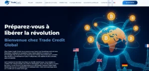 Visuel marketing de Trade Credit Global avec globe et icônes crypto