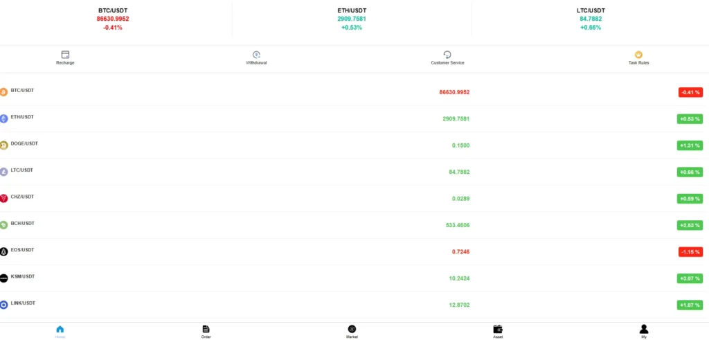 Interface utilisateur de la plateforme Prolivo.top simulant un exchange