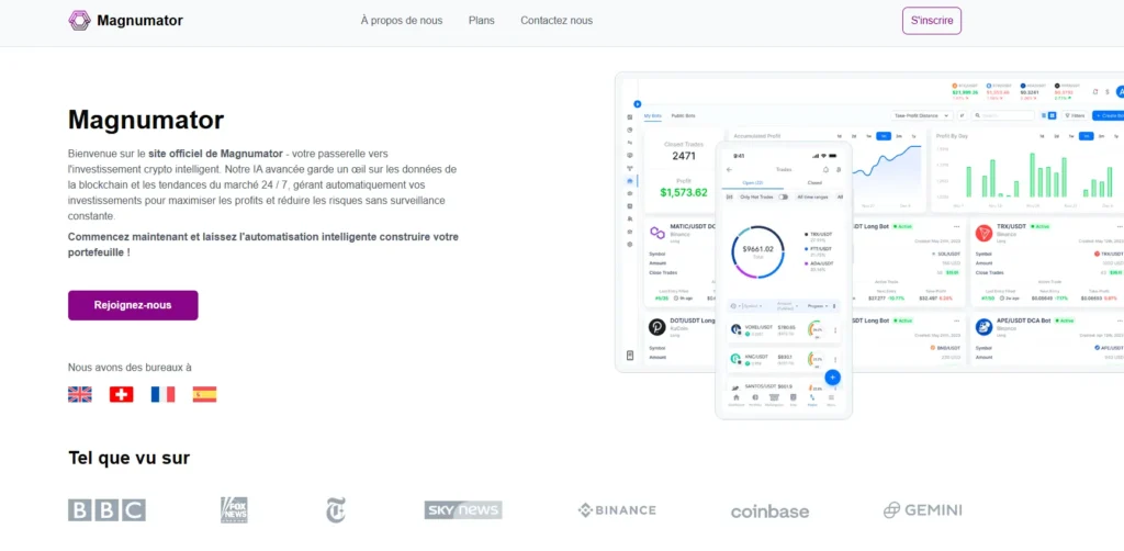 Interface utilisateur de la plateforme Magnumator affichant des gains crypto simulés