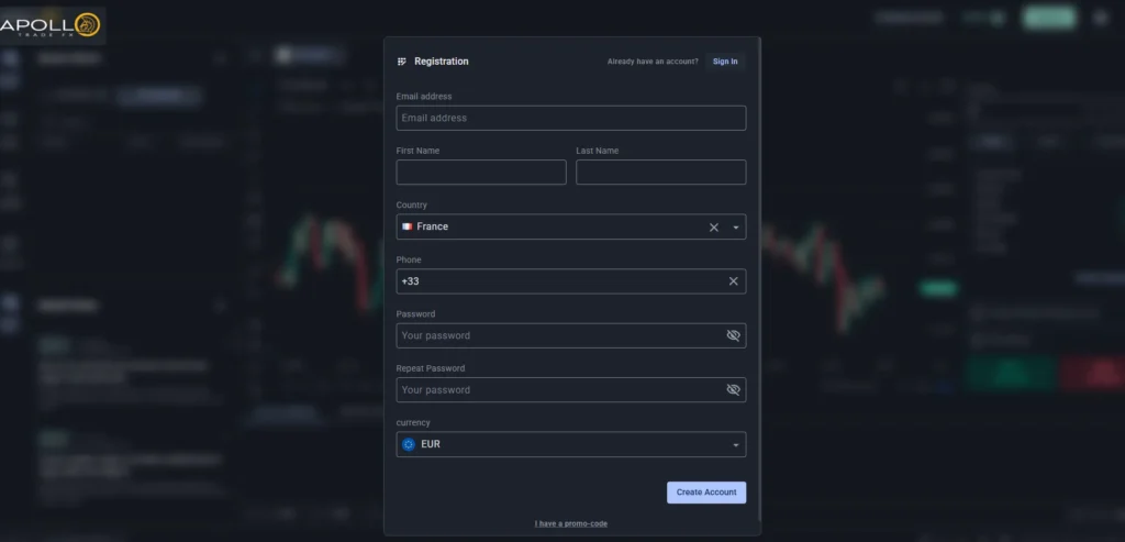 Apollo Trade FX – formulaire d’inscription de la plateforme de trading