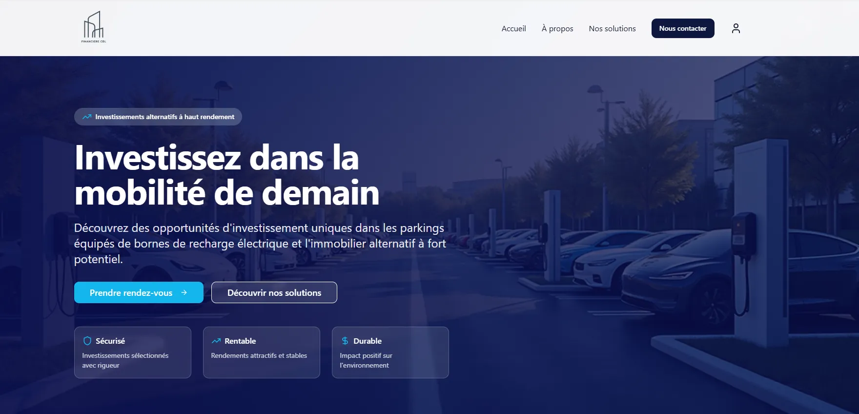 Financière CBL – illustration de parkings avec bornes de recharge présentés comme opportunité d’investissement