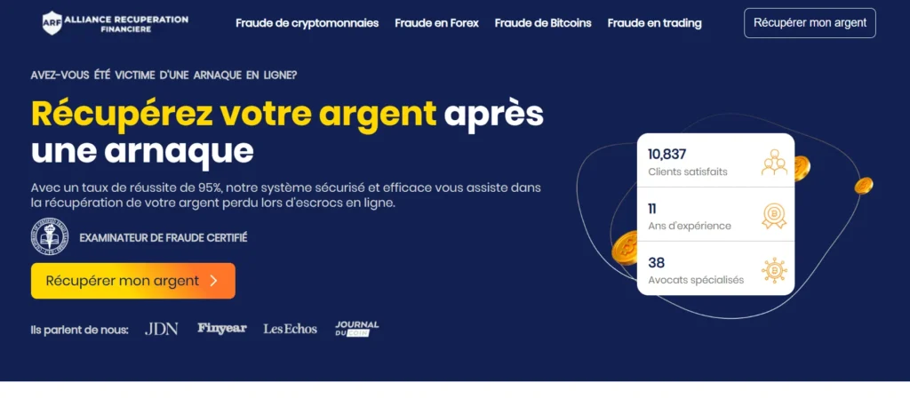 alliance récupération financière arnaque capture écran page accueil taux de réussite 95 pour cent
