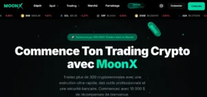 Page d'accueil de la plateforme MoonX spécialisée en trading CFD crypto inscrite sur liste noire AMF