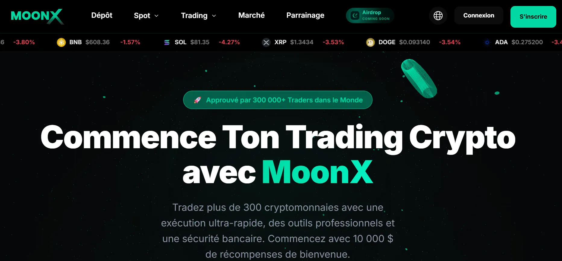 Page d'accueil de la plateforme MoonX spécialisée en trading CFD crypto inscrite sur liste noire AMF