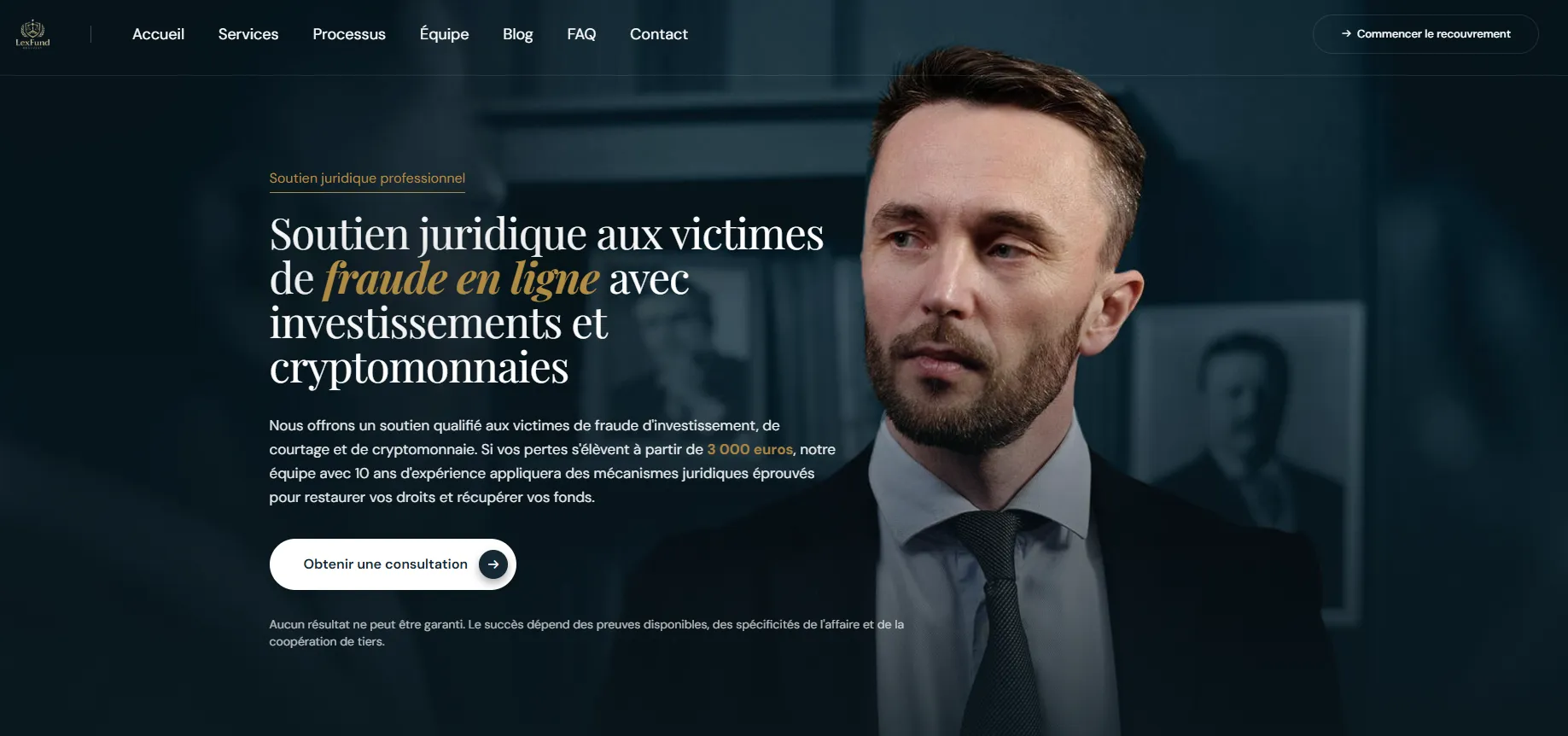 Page d’accueil du site lexfundrecovery.com service de récupération de fonds après arnaque