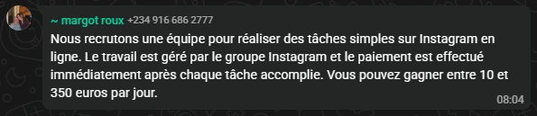 message arnaque whatsapp taches instagram remunerees groupe whatsapp