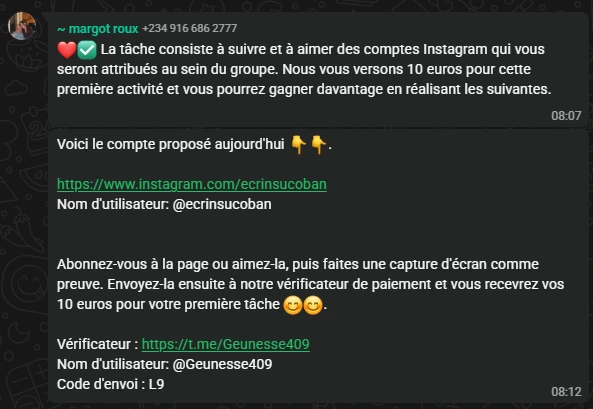 mission instagram dans arnaque whatsapp taches remunerees