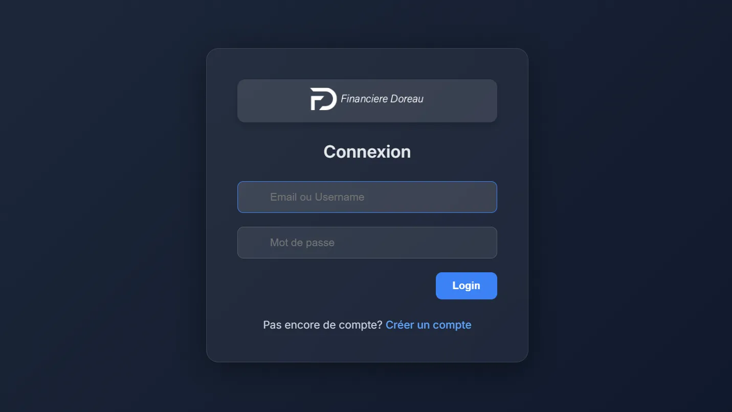 Interface de login du site frauduleux financière Doreau, plateforme d'investissement non régulée
