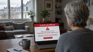 Illustration d'alerte usurpation — email frauduleux partners.group-appswiss.com sur écran d'ordinateur