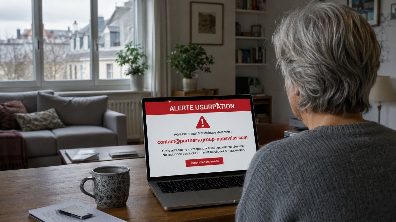 Illustration d'alerte usurpation — email frauduleux partners.group-appswiss.com sur écran d'ordinateur