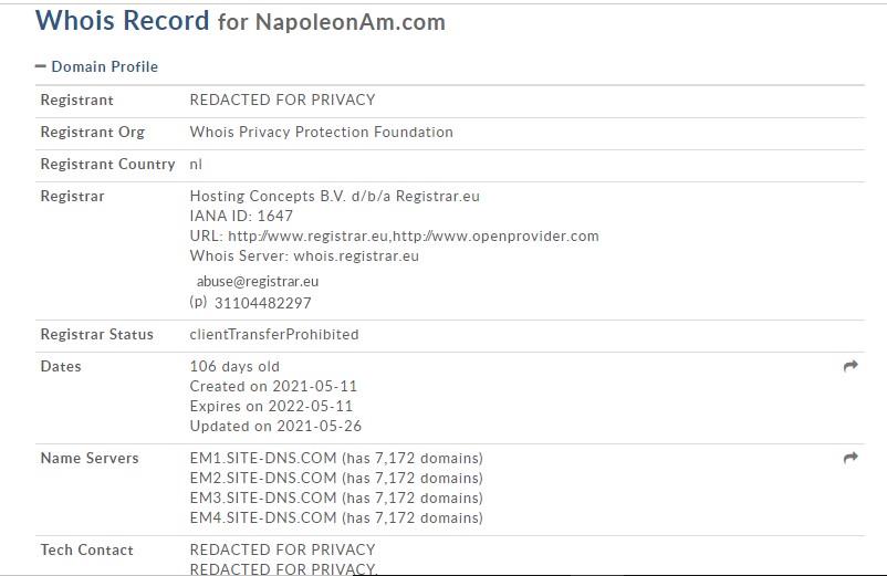 Le WHOIS de Napoleonam.com est similaire à celui des autres sites d’arnaque.