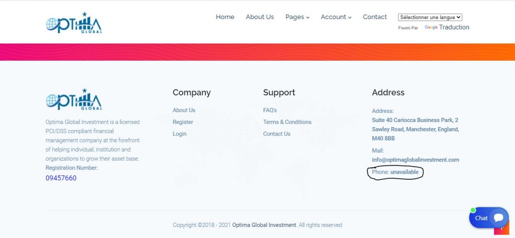 Le numéro de téléphone de la société derrière Optimaglobalinvestment.com ? Indisponible.