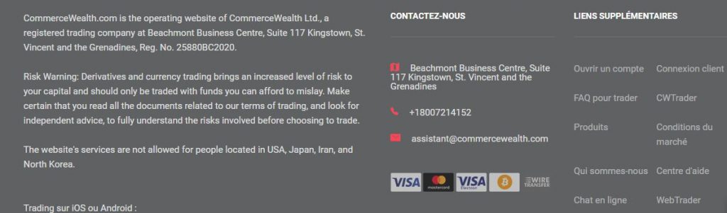 Bas de page du site de Commerce Wealth.