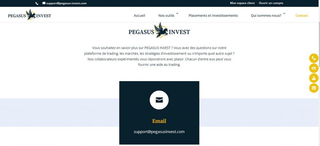 Absence de numéro de téléphone sur Pegasusinvest.com.