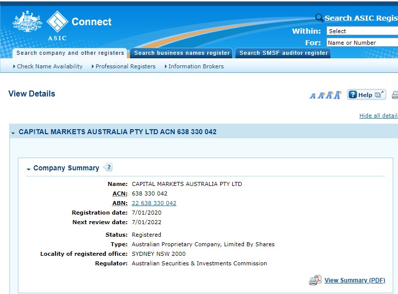Capital Markets Australia Pty Ltd vu par l’ASIC. Le créateur de Totalfxtrader.com ment.