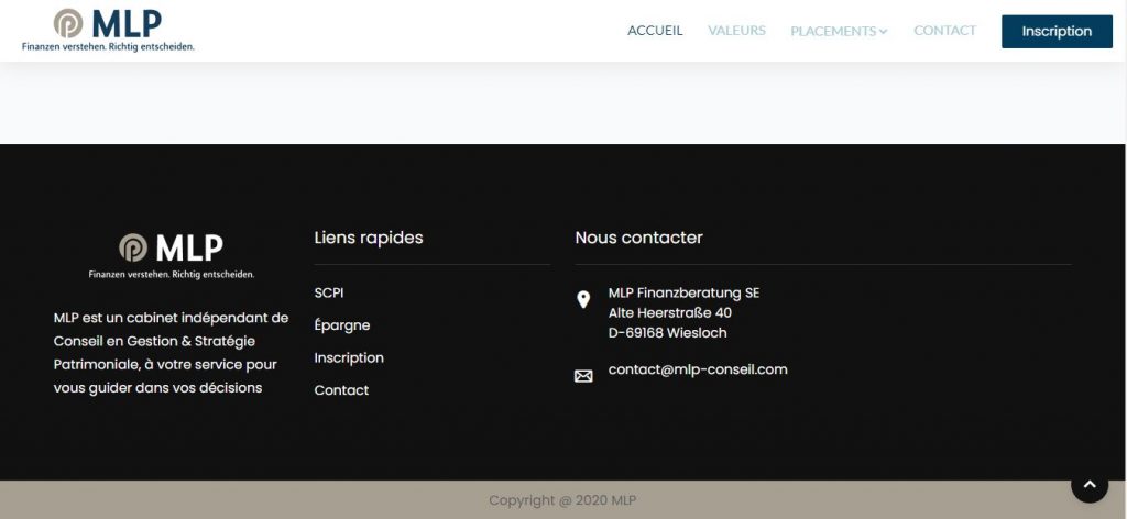Pas de mentions légales au niveau du bas de page de Mlp-conseil.com.